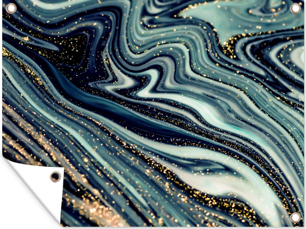 MuchoWow 80x60 cm Outdoor-Poster Gartendeko Sichtschutz Garten Poster für den Garten Marmor - Gold - Blau - Glitter - Marmoroptik - Abstrakt