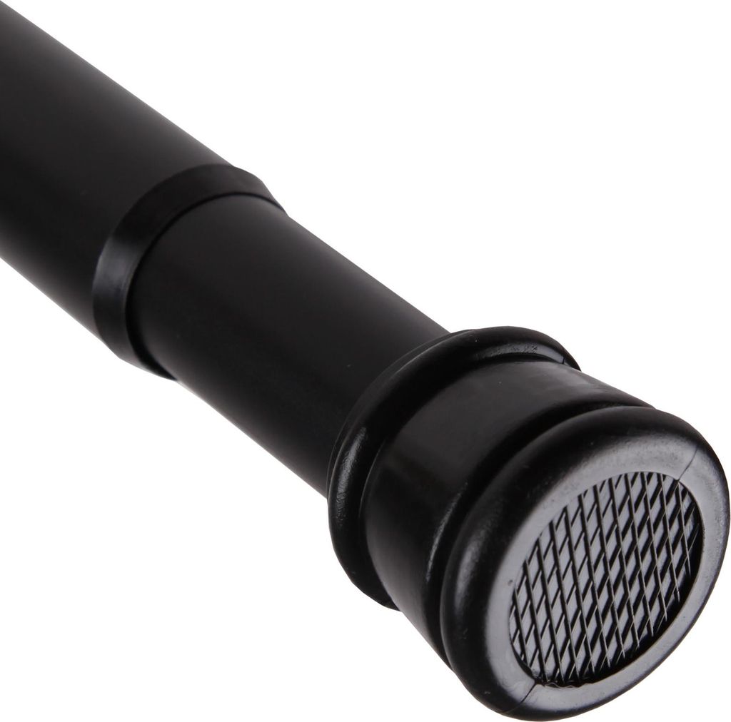 A close-up view of the end of a black adjustable tension rod.