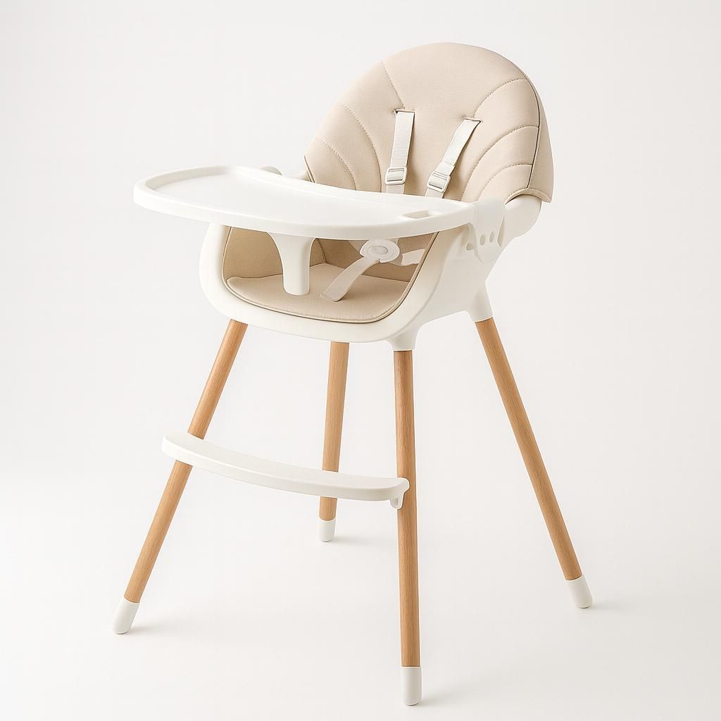 A baby high chair is shown against a white background.