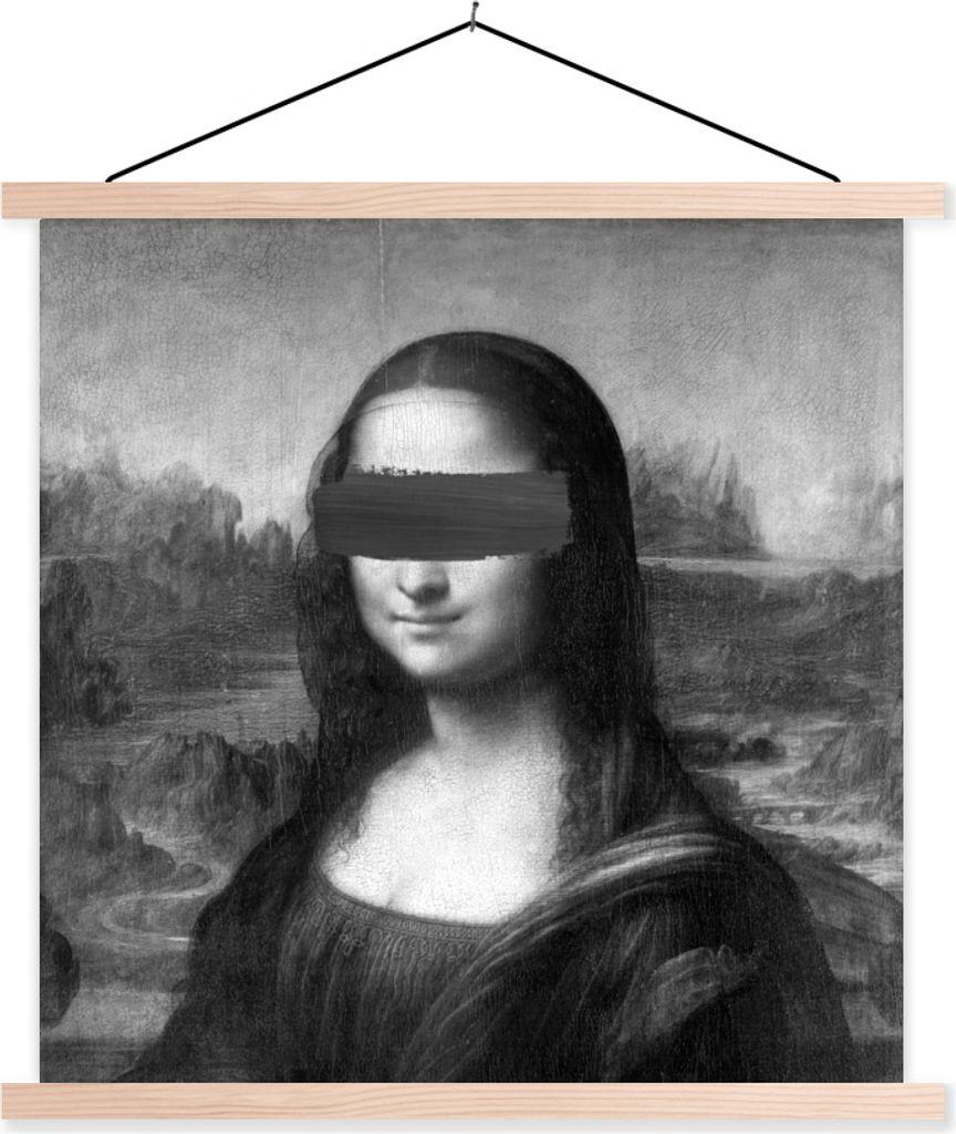 MuchoWow Textilposter Mona Lisa - Leonardo da Vinci - Schwarz - Weiß 120x120 cm mit holzfarbenen Rahmen - Textil-Poster