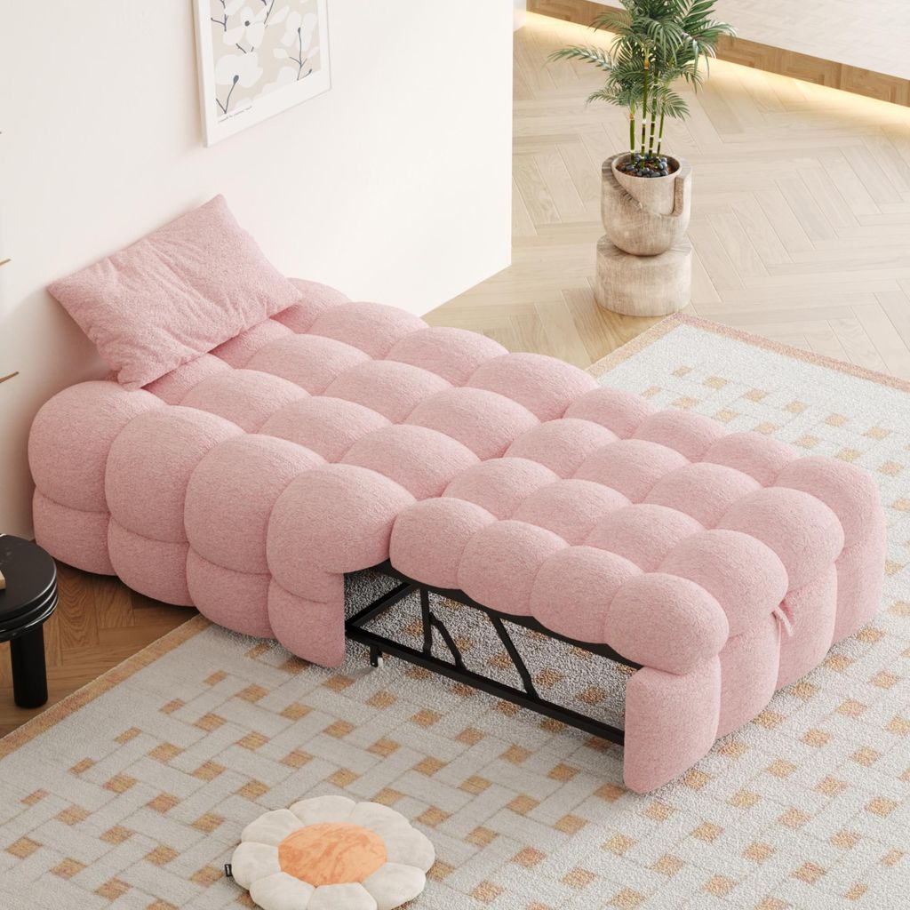 Merax 2-in-1 Fußhocker Schlafsofa Tagesbett aus Teddy-Stoff, Gästebett mit Schaumstoffpolsterung, Polsterbett klappbar, 183x76x42 cm, Rosa