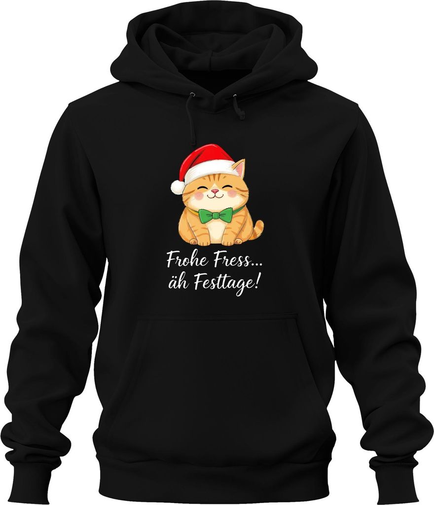 Frohe Fress äh Festtage Katzenliebhaber Katze Weihnachten lustig Uni Hoodie Kapuzenpullover, Schwarz, XL