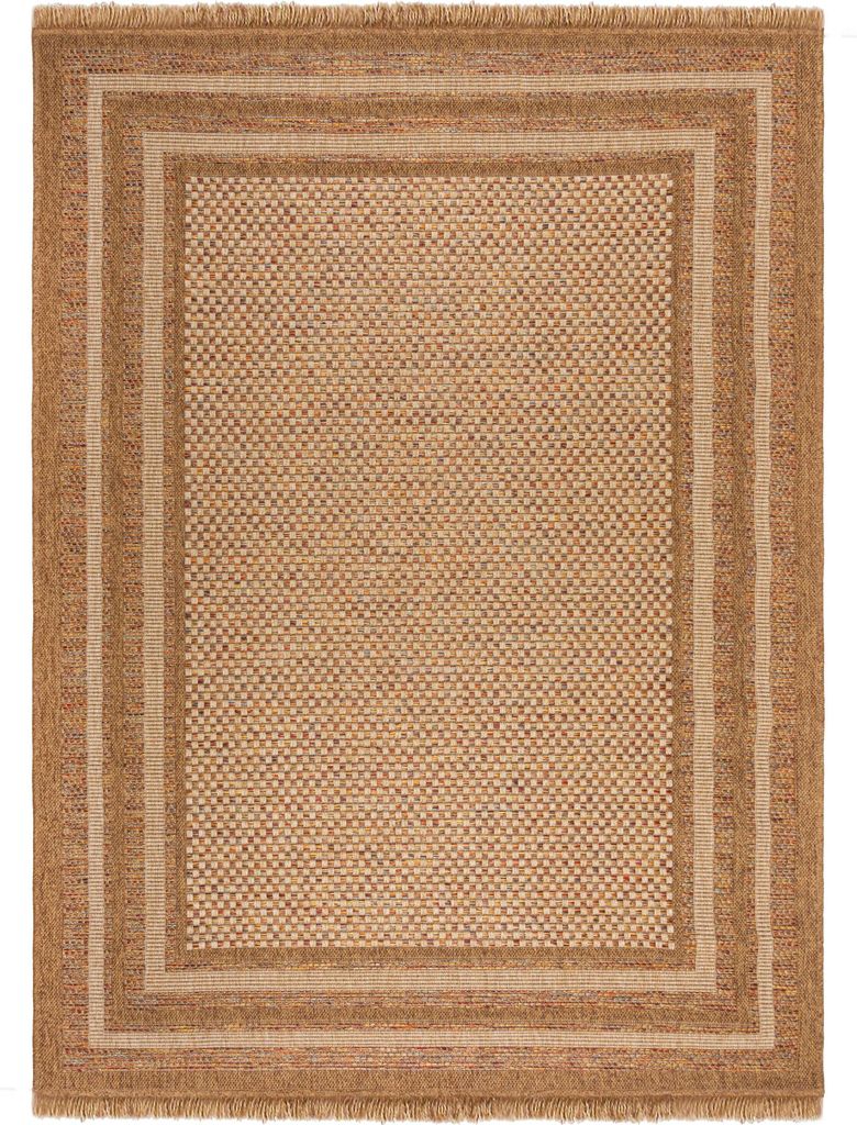 Outdoor Teppich Boho Streifen Bordüre, Balkon schmutzabweisend Ocker Rechteckig 120x170 | 100% Polypropylen, Rücken aus 100% Polypropylen