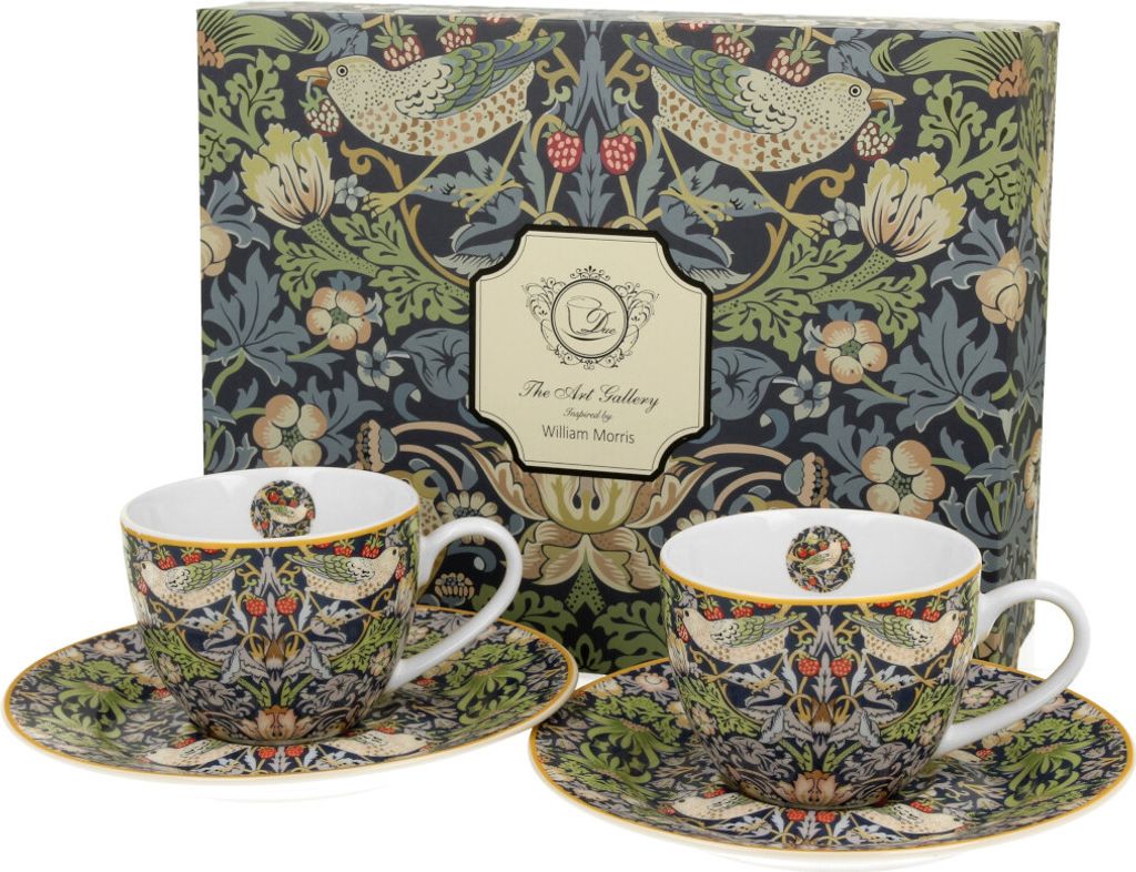 DUO ART GALLERY 2er-Set Espressotassen 90 ml STRAWBERRY THIEF BLUE mit Untertassen, New Bone China Porzellan