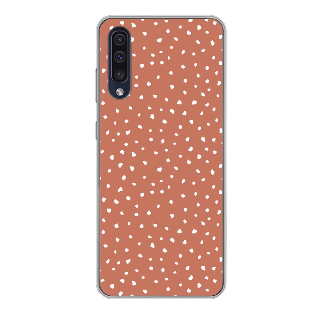 MuchoWow Handyhülle Schutzhülle Hülle für Samsung Galaxy A50 Tupfen - Orange - Weiß Silikon Softcase Handy Hülle - Mobiltelefonhülle