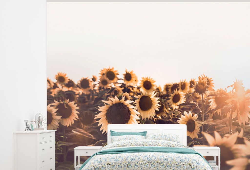 MuchoWow Fototapete für Wohnzimmer oder Schlafzimmer Wandtapete Vinyl Motivtapete Sonnenblumen - Feld - Sonnenuntergang - Blumen - Gelb - 325x26...