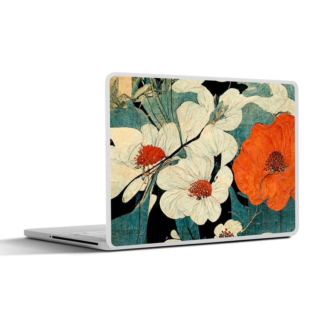 MuchoWow Laptop Aufkleber Sticker Cover Blumen - Pflanzen - Vintage - Asien - Orange 31x22.5 cm - Laptop-Deko