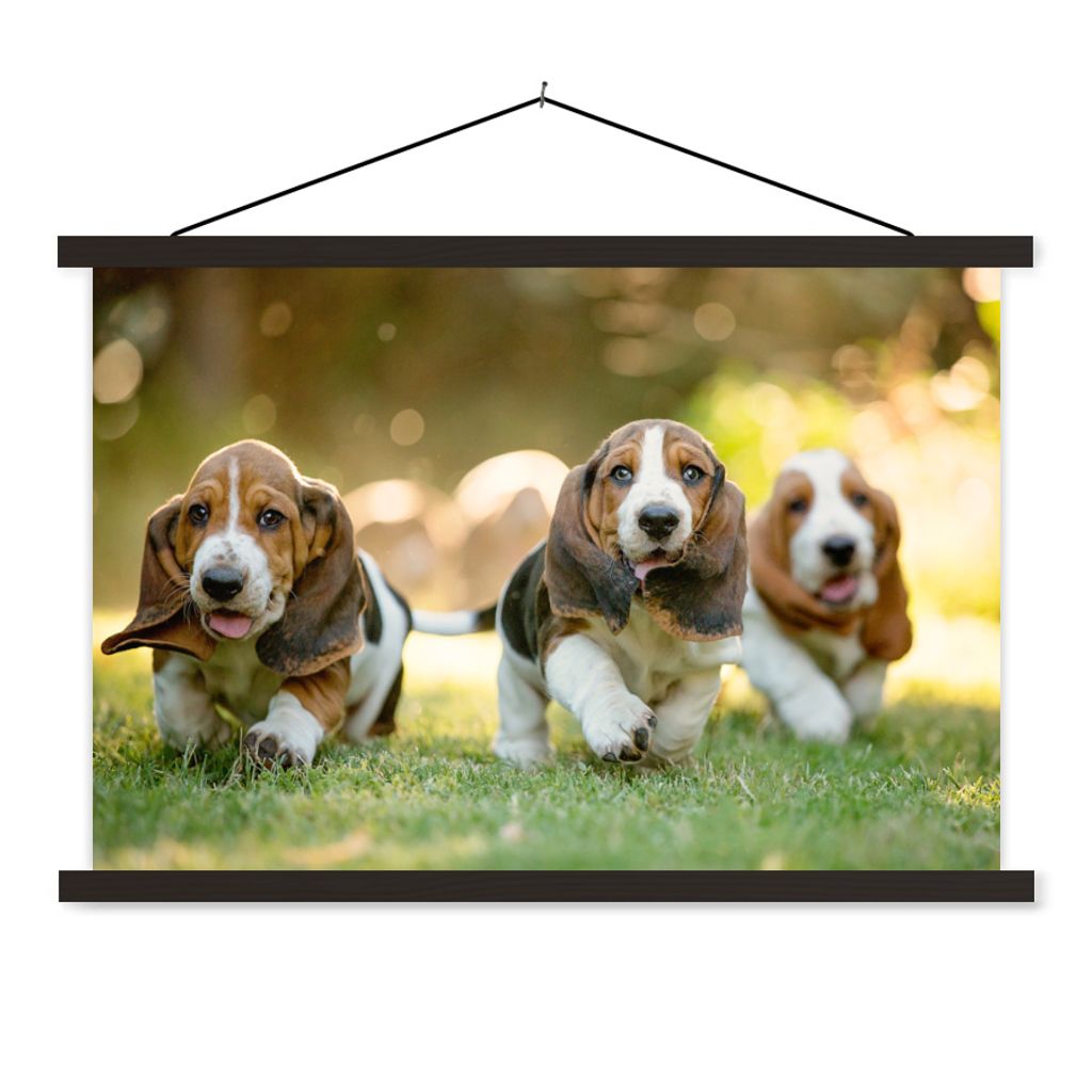 MuchoWow Textilposter Welpen rennen durch das Gras 90x60 cm mit schwarzem Rahmen - Aufhängungssatz