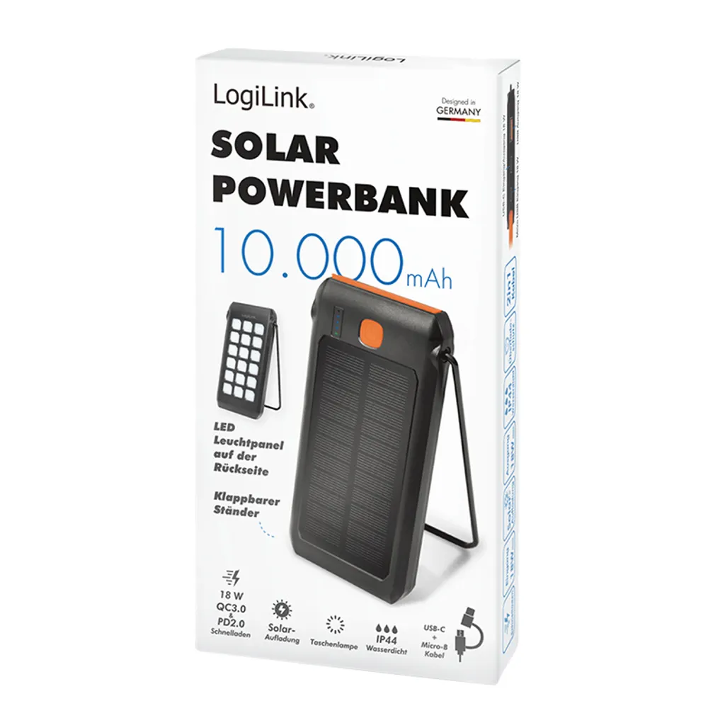 Logilink Powerbank Solaire 10000 mAh avec 2x USB-A QC et 1x USB-C PD