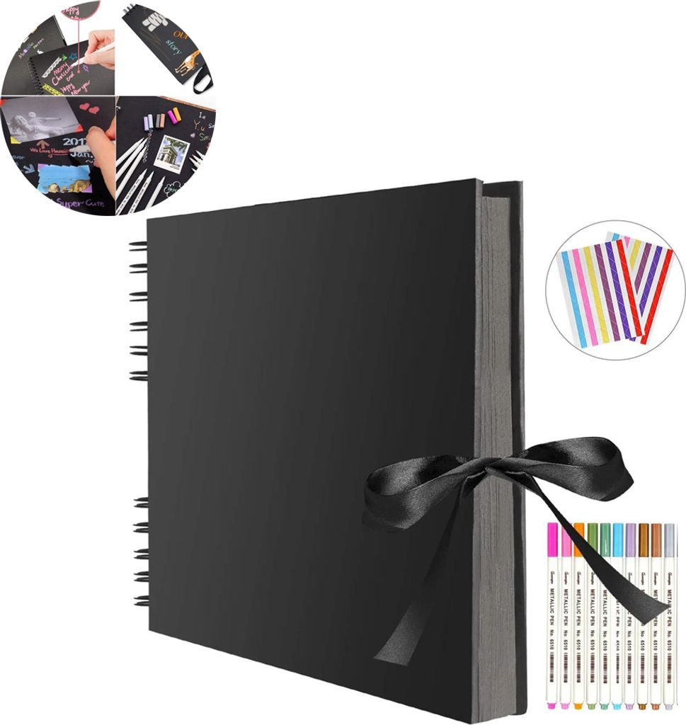 Fotoalbum, 80 schwarze Seiten, Scrapbook-Fotoalbum zum Selbstgestalten, 40 Blatt, 29 x 21,5 cm, Fotobuch zum Einkleben, DIY