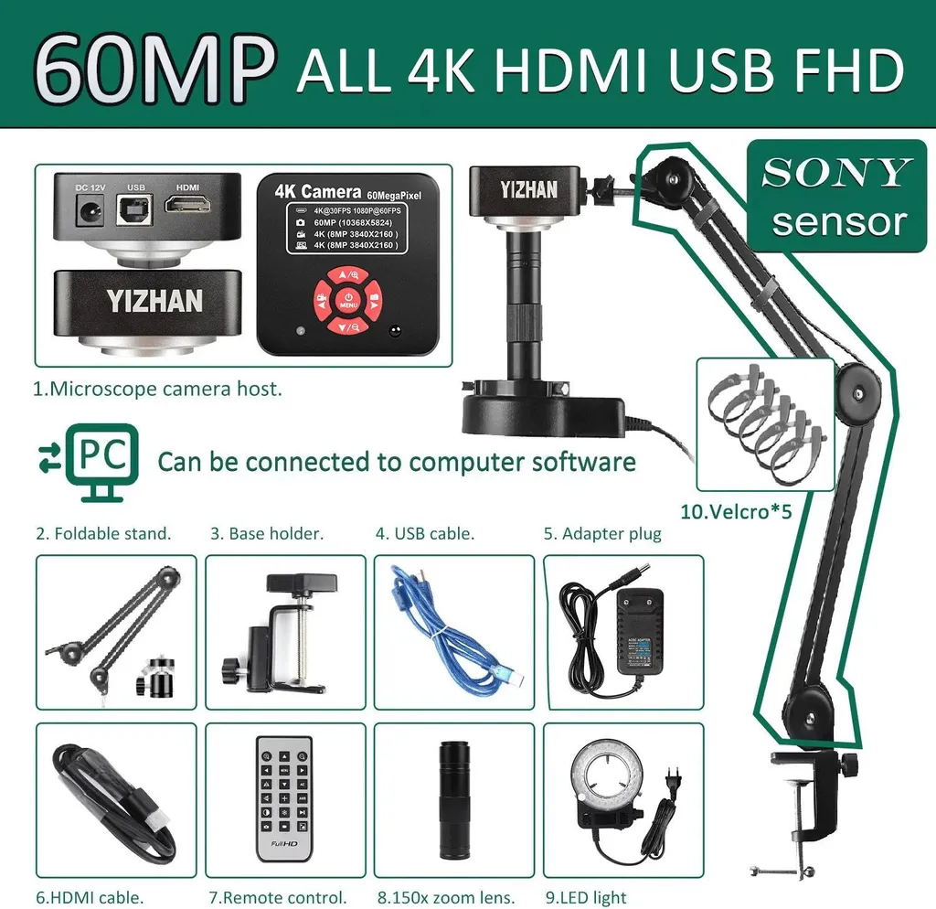 Microscope USB 4K 60MP en alliage d'aluminium - Support soudure ajustable