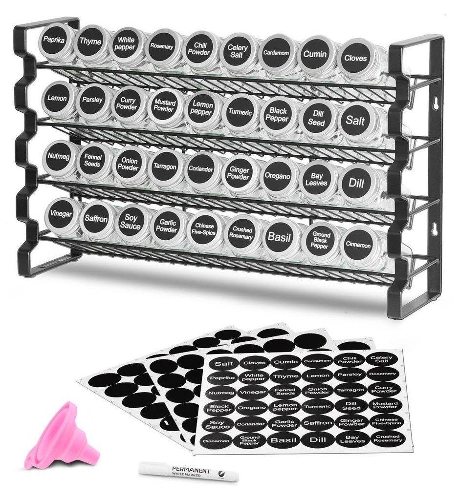 Gewürzregal Gewürzhalter Organizer 4 Etagen mit 36 Leeren Gläsern