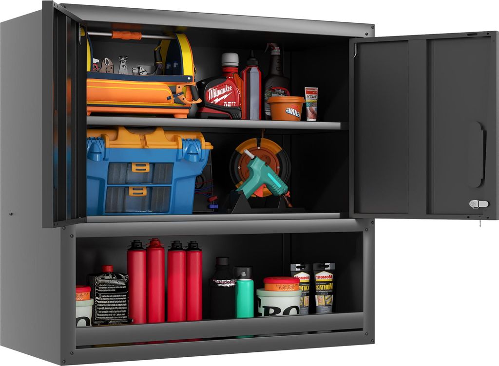 H77cm Wandmontierbarer Metall-Werkzeugschrank mit Schließtür, 1 verstellbarer Einlegeboden und 1 offenem Schub – ideal für Garage, Lager, Bür...