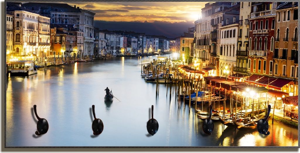 Wallario Flurgarderobe Wandgarderobe aus Holz, mit 5 Haken, Größe 80 x 40 cm, Motiv Canal Grande in Venedig am Abend mit untergehender Sonne