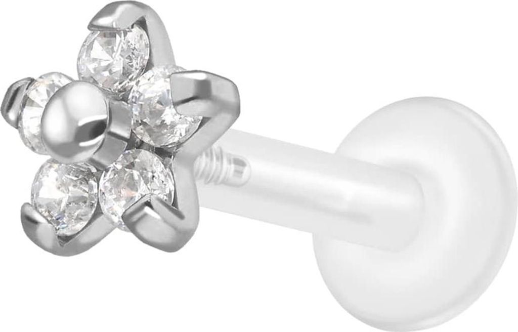 Ohrpiercing, Nasenpiercing PTFE Labret mit Innengewinde + Titan-Aufsatz BLUME MIT 5 KRISTALLEN Silber Stablänge: 10mm | Stabstärke: 1,6mm