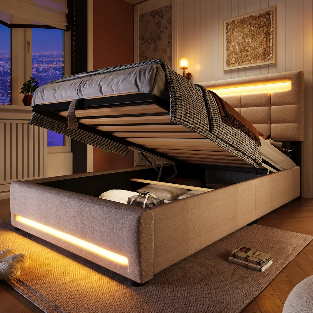 Lit coffre 90x200 avec USB et éclairage LED intégré, revêtement lin