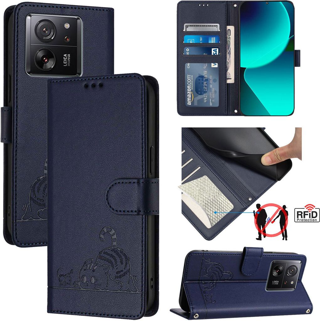 Leder Hülle für Xiaomi 13T / 13T Pro /Redmi K60 Ultra Süße Katze Flip Case Brieftasche Schutzhülle mit Standfunktion Blau