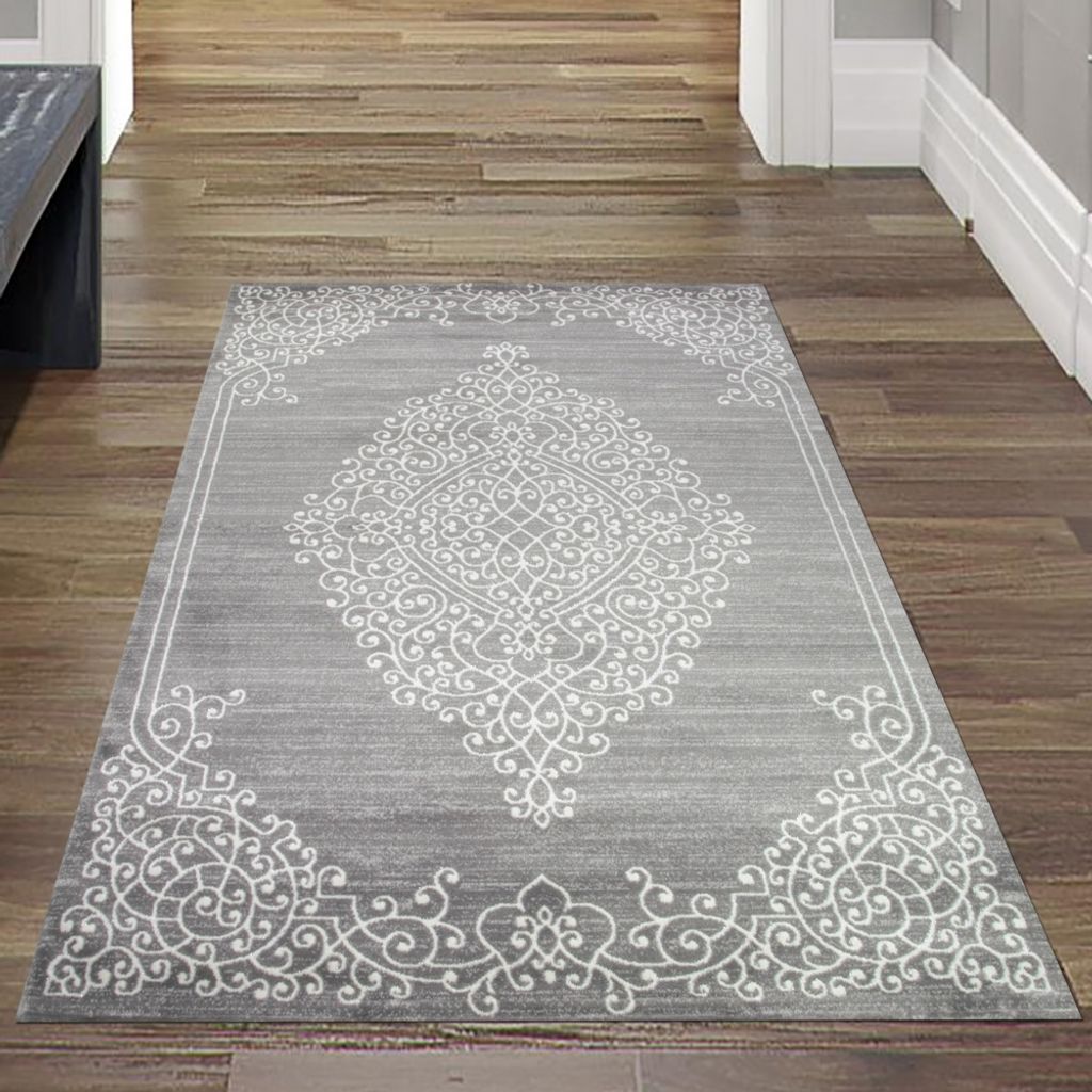 Moderner Teppich Orientteppich Ornamente mit Glitzergarn in Grau Creme Größe - 80 x 150 cm