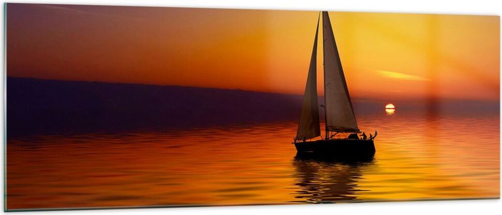 Bilder auf glas - Boot Sonnenuntergang Landschaft - 140x50cm - Glasbilder - Wandbilder - Kunstdruck - zum Aufhängen bereit - Wanddekoration aus Gl...