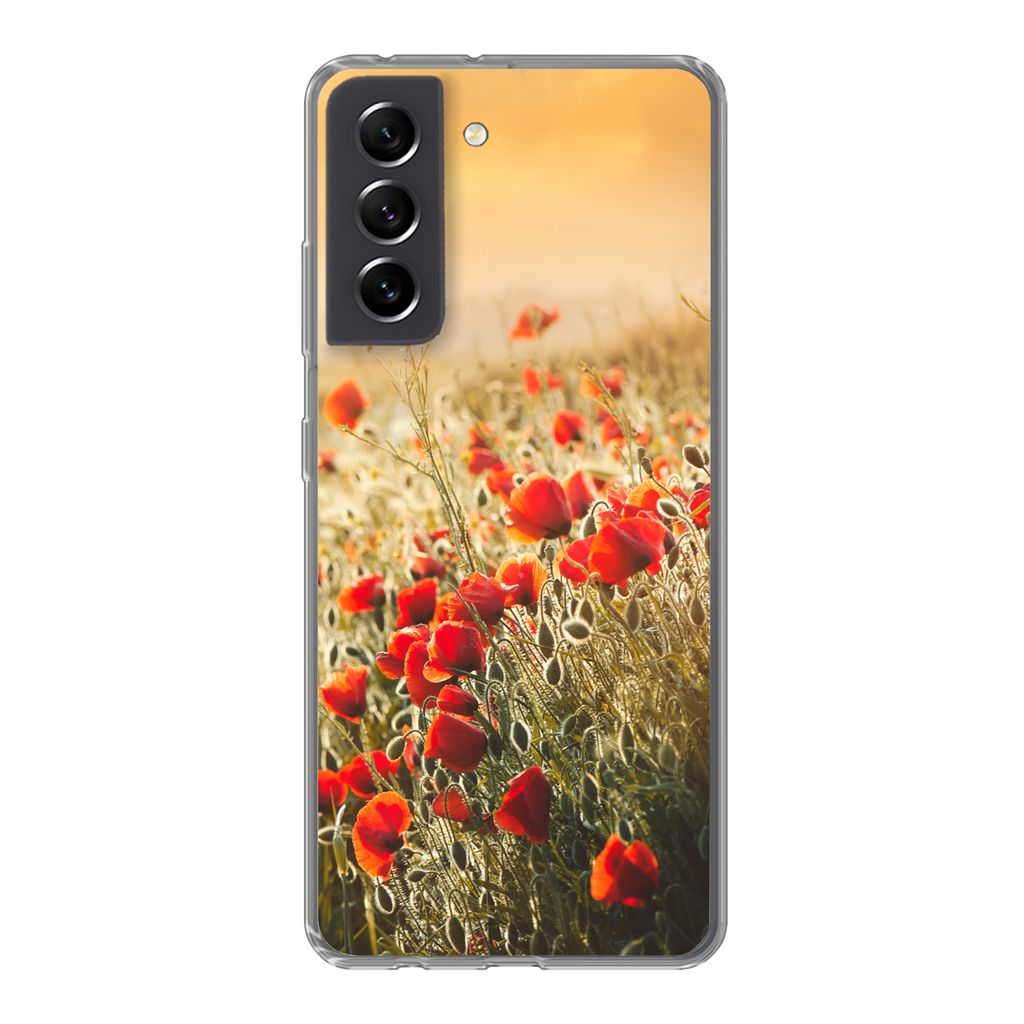 MuchoWow Handyhülle Schutzhülle Hülle für Samsung Galaxy S21 FE Sonnenstrahlen über einem Mohnblumenstrauß Silikon Softcase Handy Hülle - ...