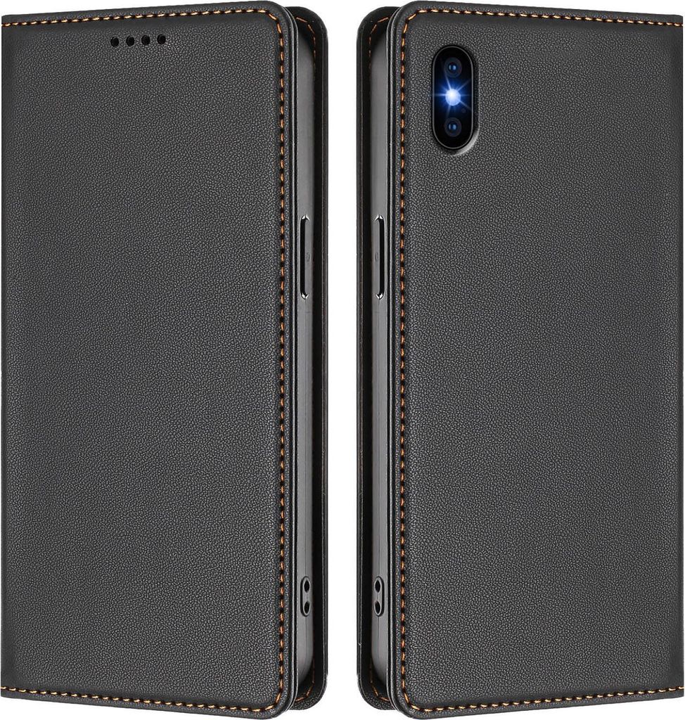Handyhülle für iPhone Xs Max, Kunstleder Klapphülle Stoßfeste Magnetische Hülle mit Ständer Schwarz