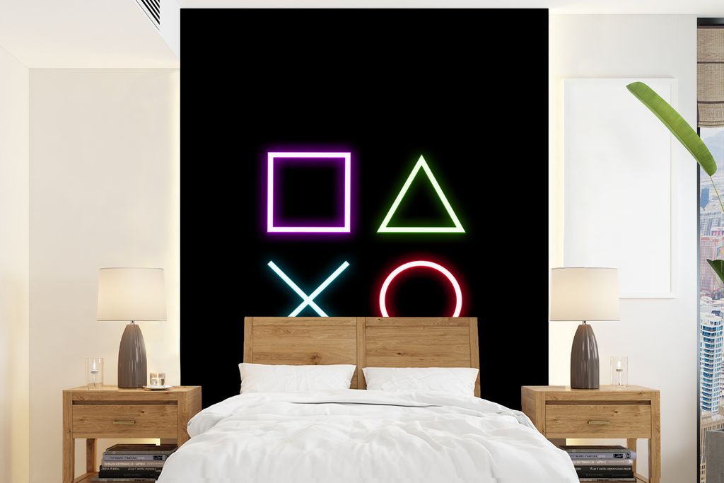 MuchoWow Fototapete für Wohnzimmer oder Schlafzimmer Wandtapete Vinyl Motivtapete Gaming - Neon - Konsole - Schwarz - Controller - Gaming - 160x...