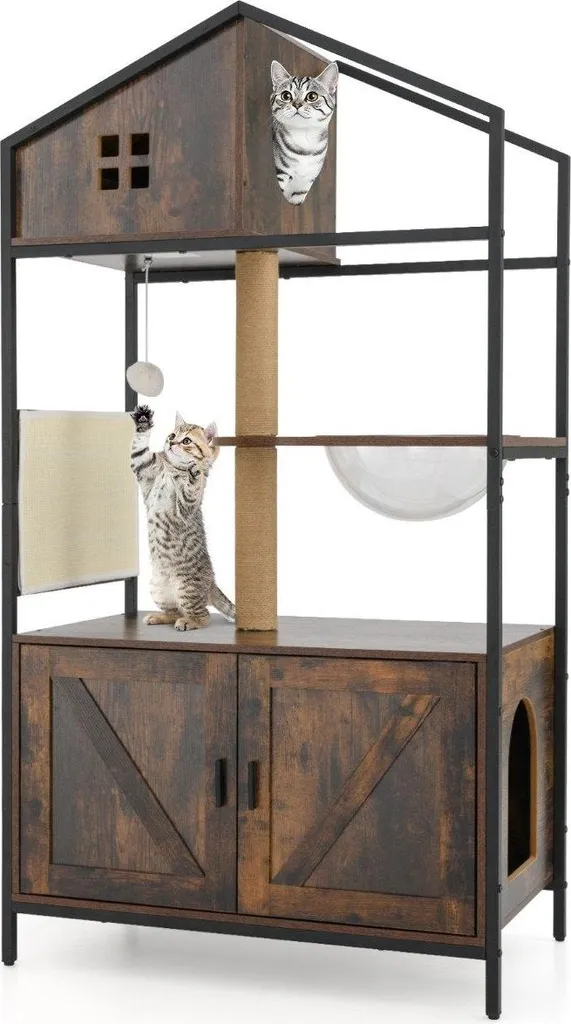 Meuble litière pour chat avec arbre à chat intégré - Design Bois Brun