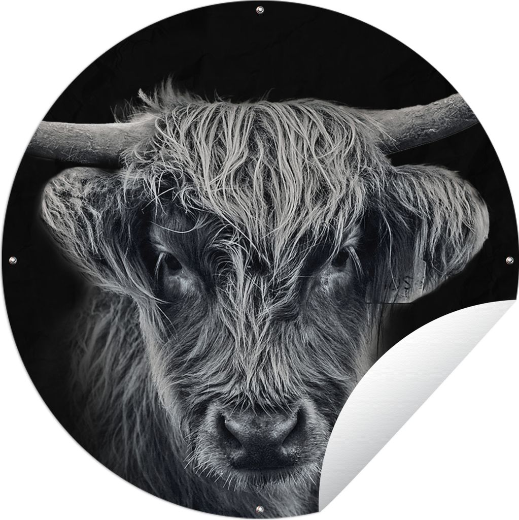 MuchoWow Gartenposter Outdoor-Poster Rund Schottischer Highlander - Schwarz - Kuh - Tiere Ø 90 cm Gartendeko Rundes Poster draußen