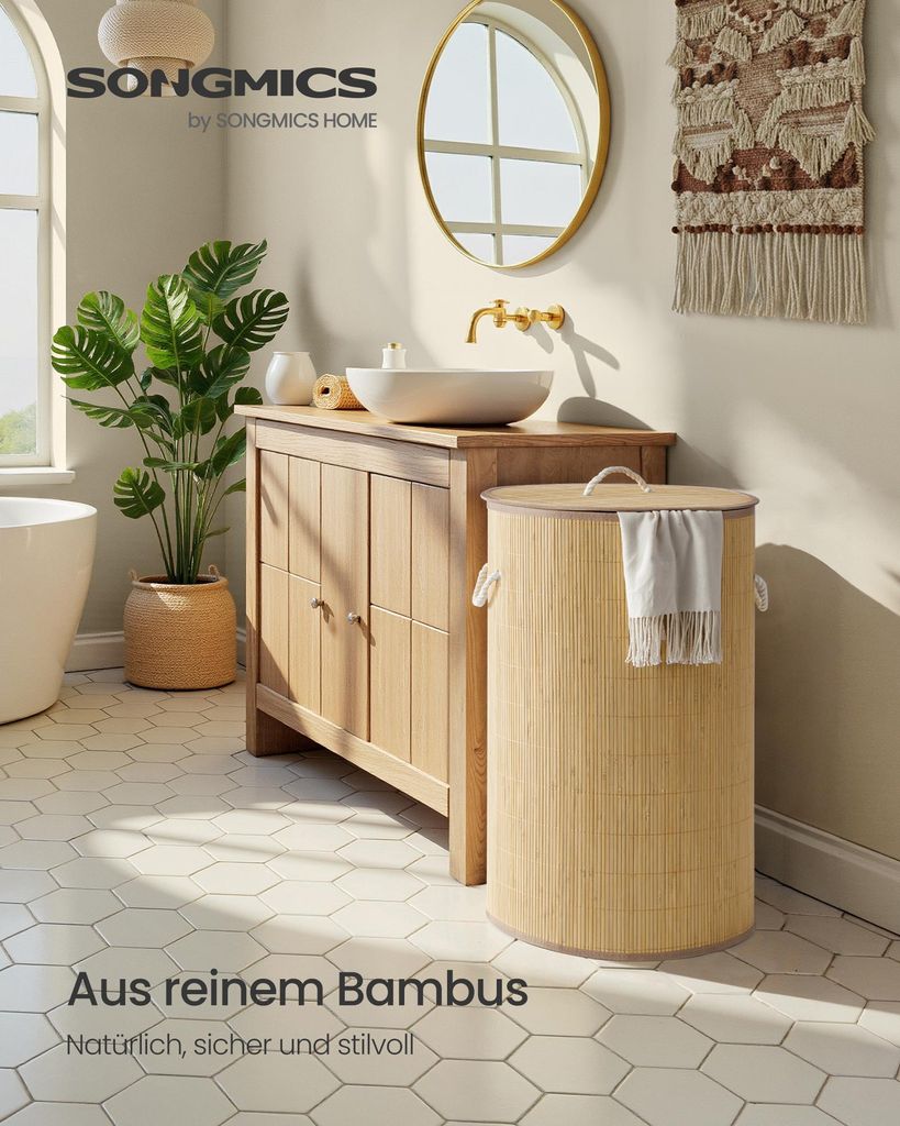 SONGMICS Wäschekorb mit Deckel, 90 L, Wäschesammler Bambus, Produktbild 