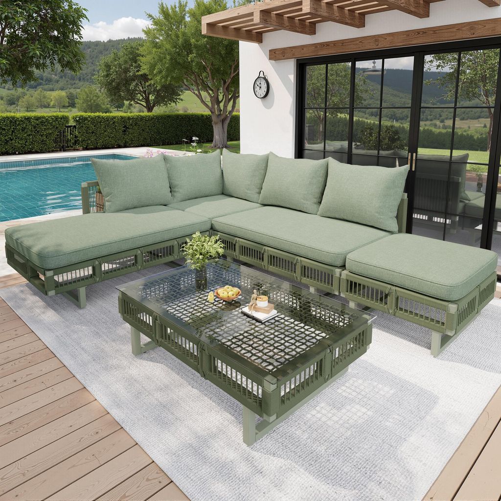Flieks Gartenlounge-Set 5-teilig, Gartenmöbel-Set mit Glastisch, Hocker & Ecksofa, Balkonmöbelset aus Seilgeflecht, Sofagarnitur für 6 Personen,...