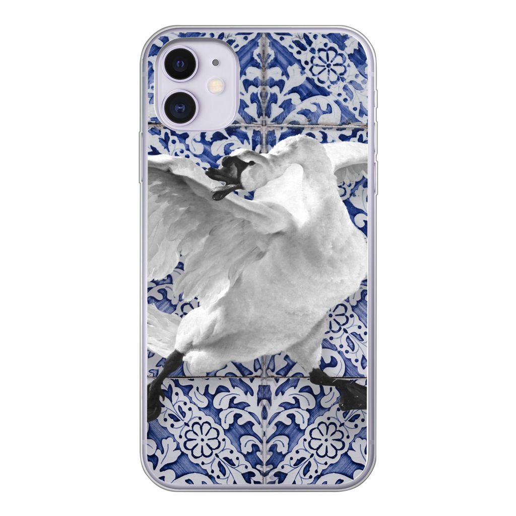MuchoWow Handyhülle Schutzhülle Hülle für iPhone 11 Schwan - Kunst - Delfter Blau - Malerei - Alte Meister Silikon Softcase Handy Hülle - Ha...