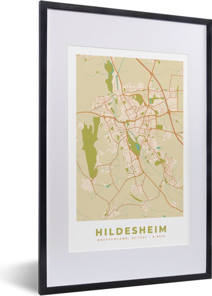MuchoWow Gerahmtes Poster Hildesheim - Jahrgang - Stadtplan - Karte 40x60 cm - Poster mit Schwarzem Bilderrahmen Wandposter Rahmen Foto Bilder - ...