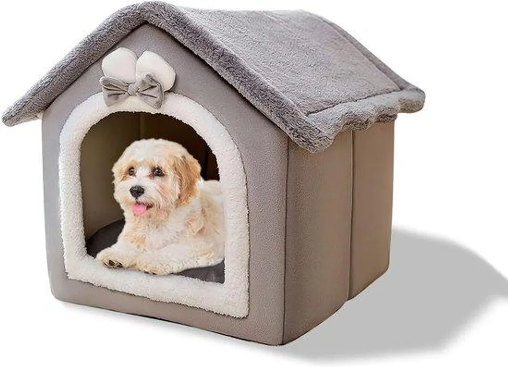 Panier pour chien déhoussable et pliable en peluche grise taille L