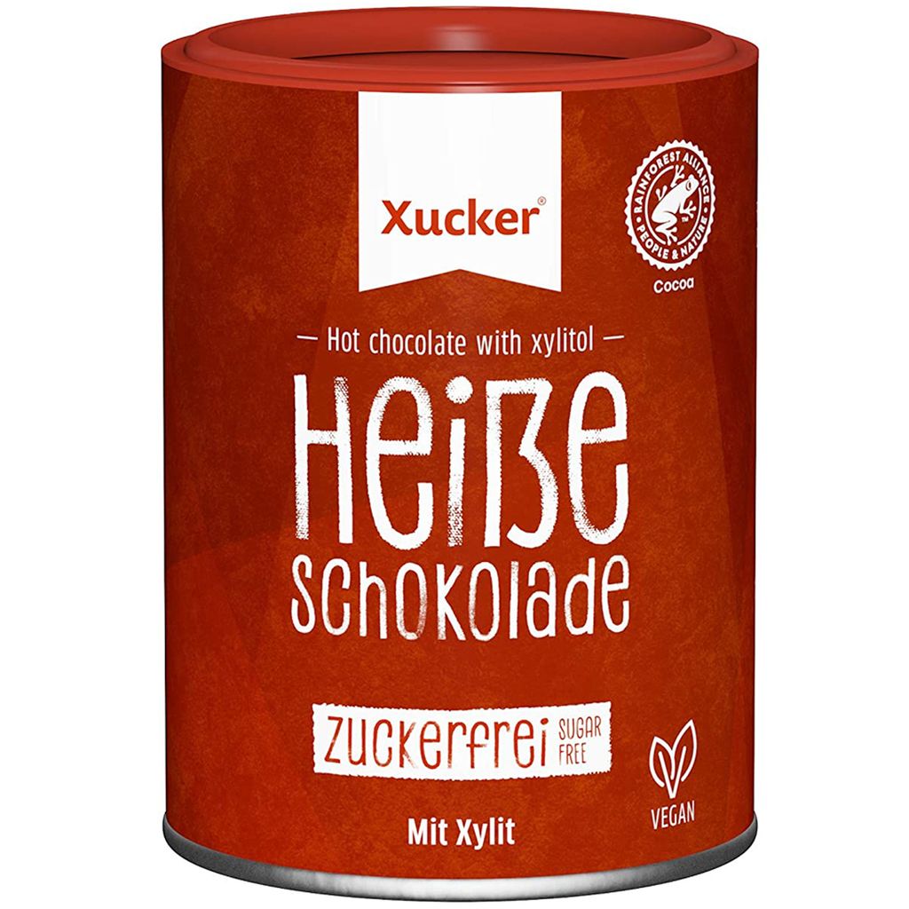 A cylindrical can of Xucker hot chocolate.