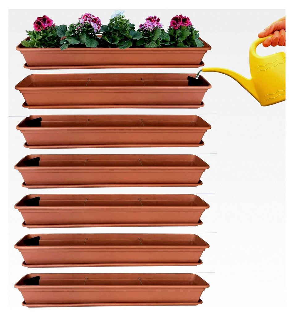 Set mit 6 Blumenkästen aus Terracotta mit Bewässerungssystem und Untersetzern 100 cm