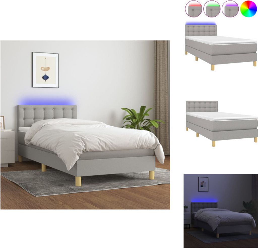 vidaXL Boxspringbett mit Matratze & LED Hellgrau 100x200 cm Stoff - Betten & Bettgestelle