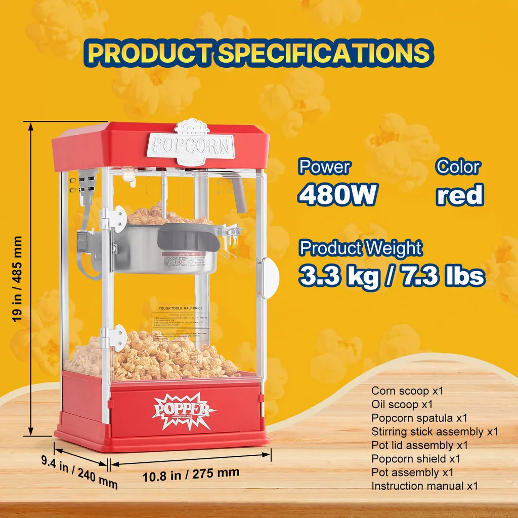 Machine à Pop-corn de Table 6,3L Appareil de Cuisine Rétro Rouge