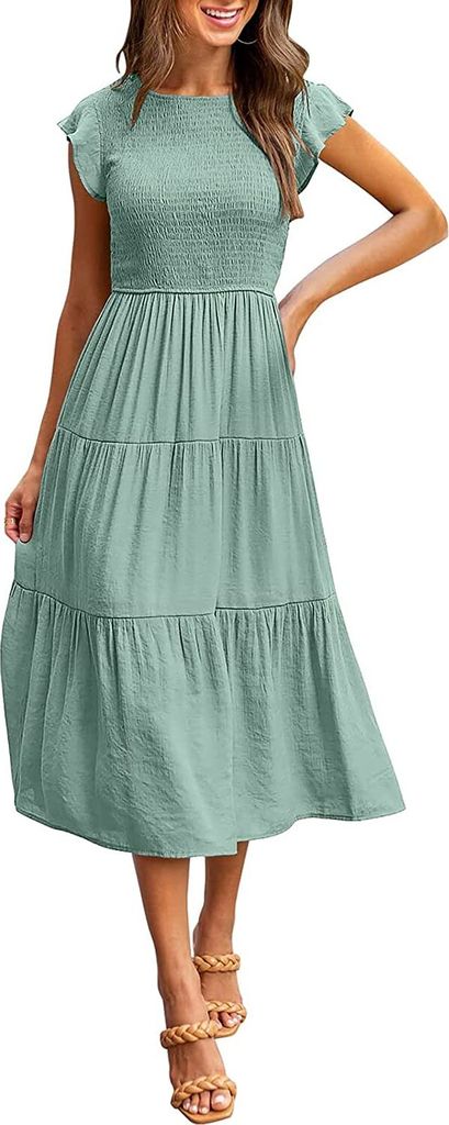 ASKSA Damen Elegant Kleid Maxikleid A-Linie Swing Boho Flatterärmel Kleider, Hellgrün, L