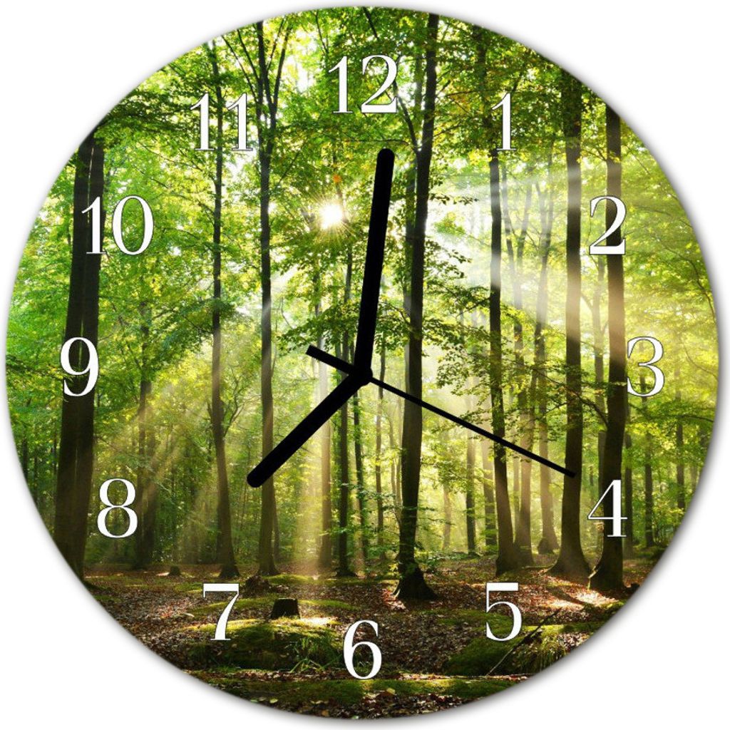 Glasuhr Wanduhr Küchenuhr Echt-Glas 30fi cm Wald Natur grün