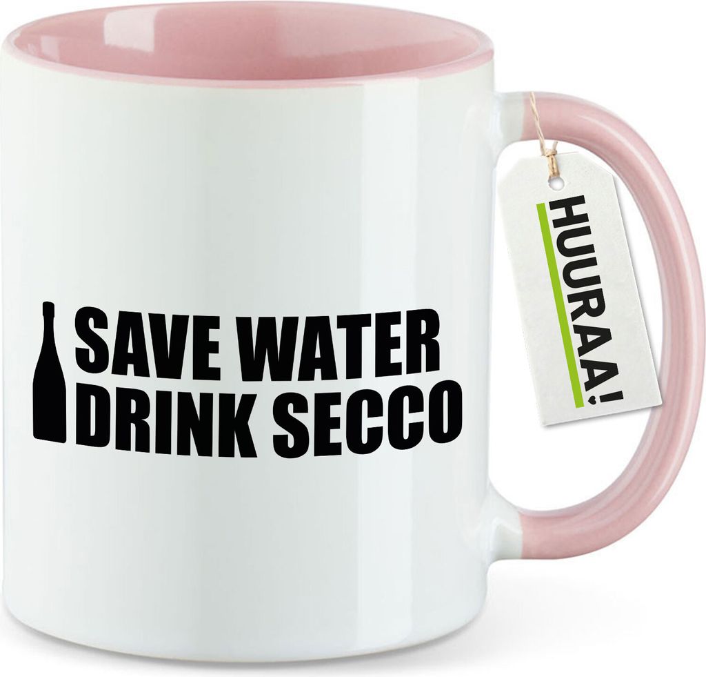 Huuraa Kaffeetasse Save Water Drink Secco Sektflasche 330ml Rosa Keramik Kaffeebecher Geschenkidee