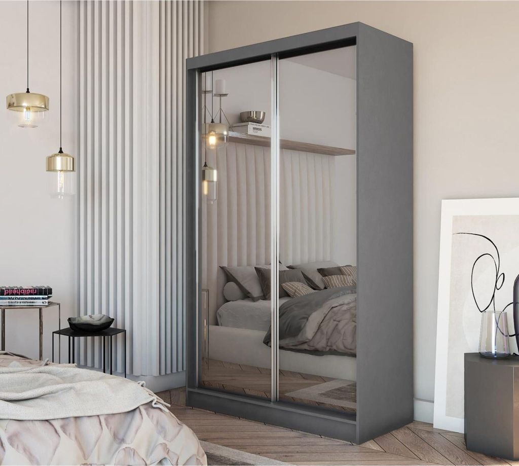 Schwebetürenschrank DEBRA II 120cm - 2-türig Kleiderschrank, Garderobe, Schrank mit Spiegeln, Kleiderstang & 2 Schubladen, Farbe: Graphit