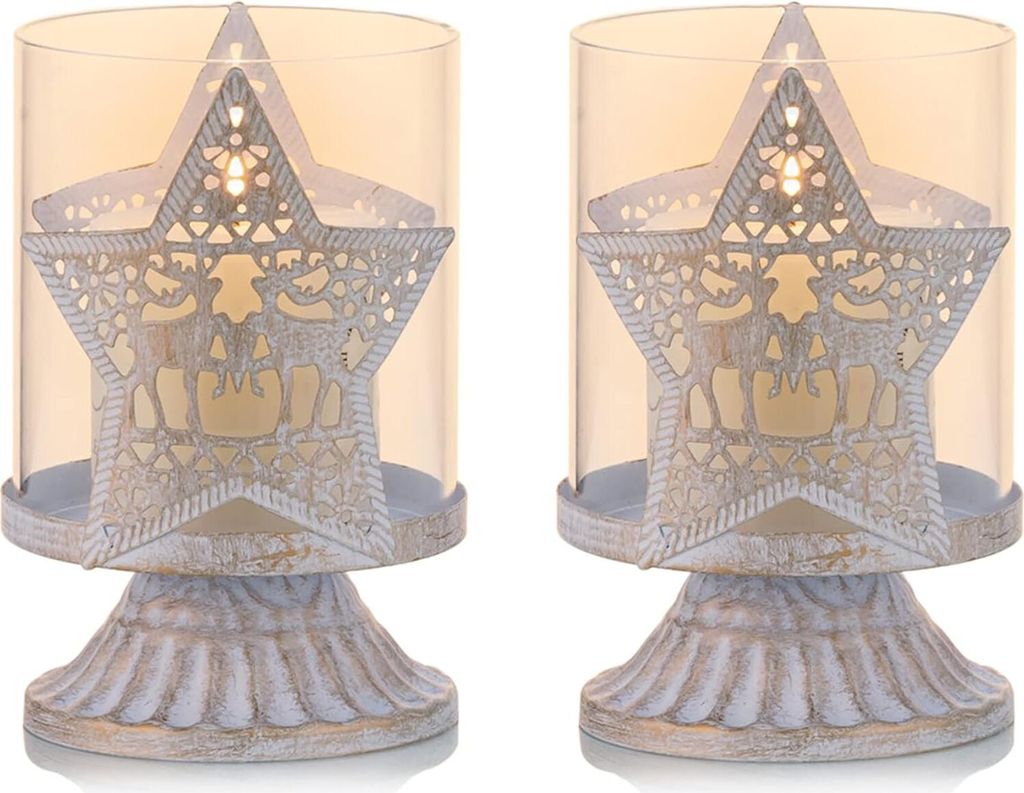 2er Set Vintage Kerzenleuchter Windlichthalter aus Metall für Stumpenkerzen, Hurricane Kerzenständer Dekoration für Party Weihnachten Tisch, Stern