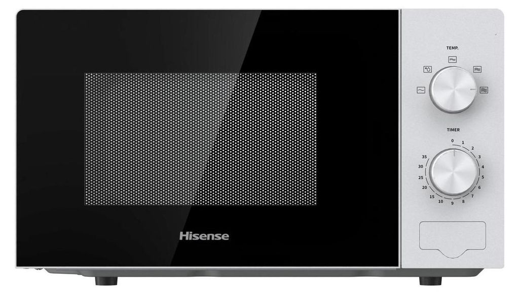 A white Hisense microwave is shown from the front against a white background.