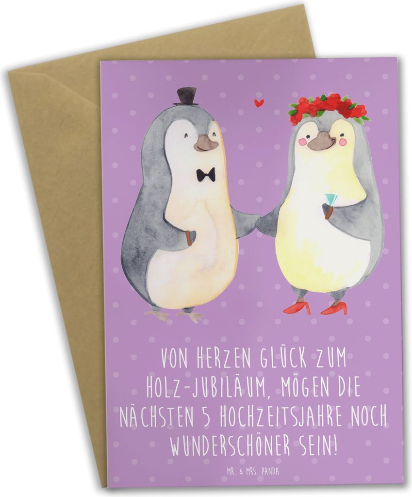Mr. & Mrs. Panda Klappkarte 5. Hochzeitstag Holzhochzeit - Lavendeltraum - Geschenk, fünf Jahre verheiratet, personalisierte Geschenke, Grußkarte...