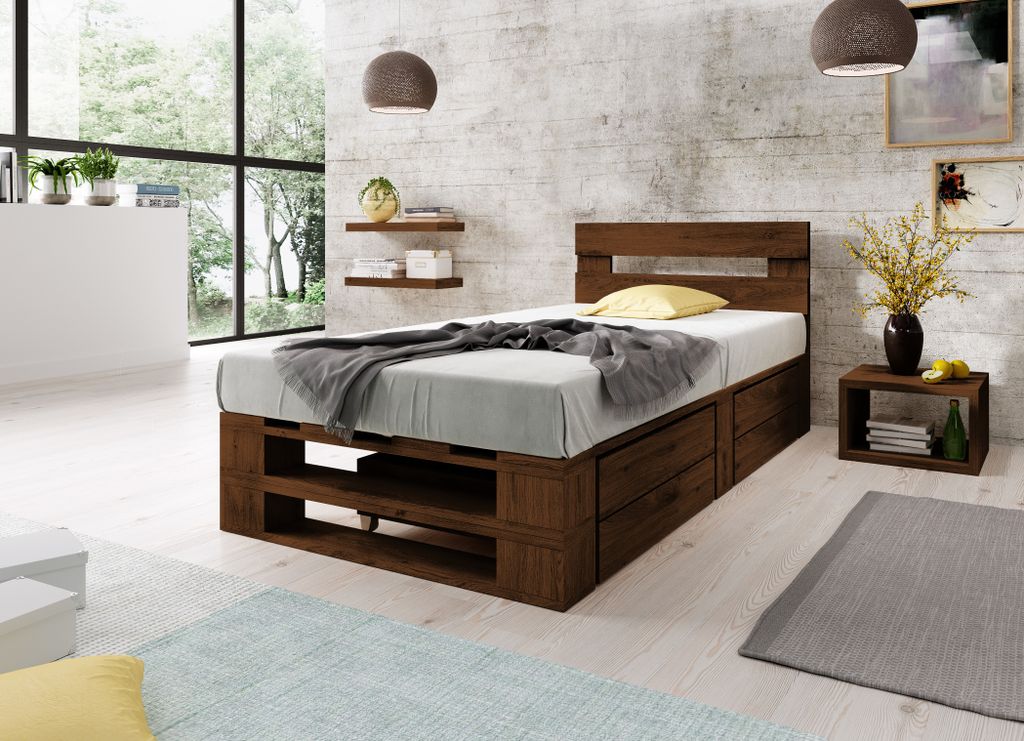 Lermowood Palettenbett M2 100 x 200 cm mit Kopfteil und 2 Bettkästen Palisander Holzbett Massivholzbett Bett aus Paletten Seniorenbett Kinderbett ...