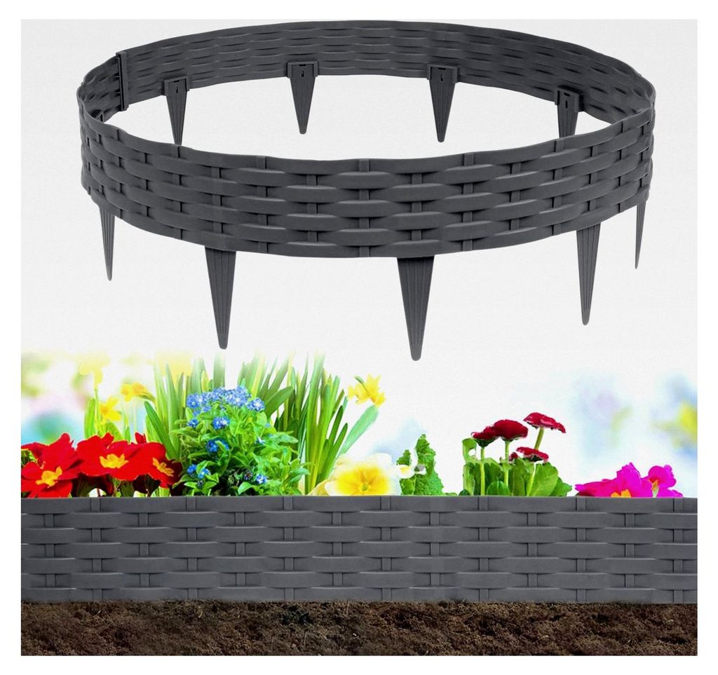 Kunststoff Rasenkante in Rattan-Optik, 30m Beeteinfassung, Gartenpalisade, Beetzaun, Anthrazit, 1 Element (L x H): 100 x 20 cm, 30 Stück