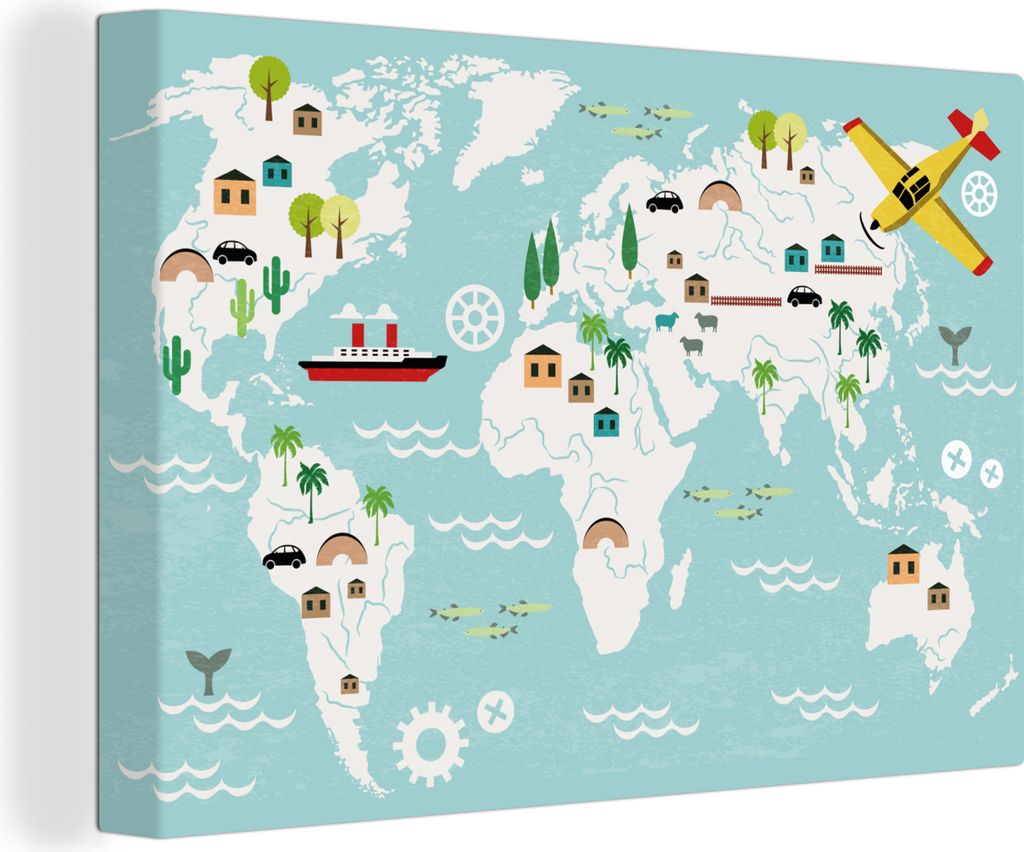OneMillionCanvasses - Leinwandbilder - 140x90 cm, Weltkarte - Kinder - Flugzeug - Boot - Jungen - Mädchen, Wandbilder Kunstdruck Wanddekoration ...