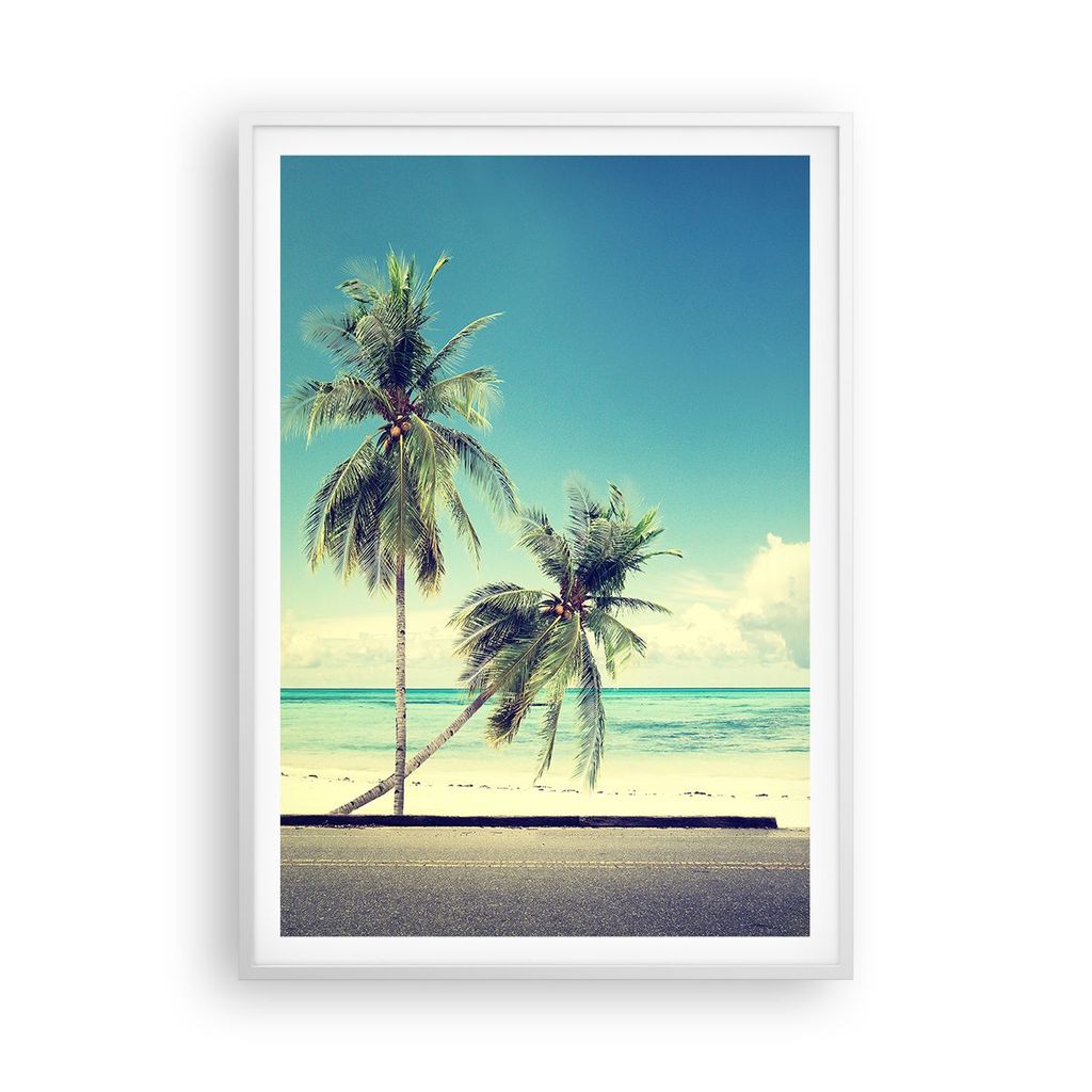Gerahmtes Poster - Weißer Rahmen - Auto Surfbrett Strand Ozean - 70x100 cm - Wand Bild - Wanddeko - Wandbilder - Wandposter - Bilderrahmen - Bilde...