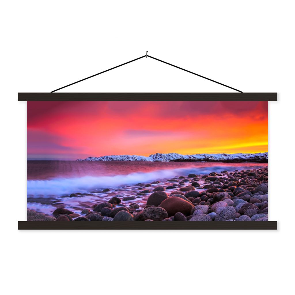 MuchoWow Textilposter Sonne - Steine - Schnee - Landschaft - Wasser 90x45 cm mit schwarzem Rahmen - Klemmleisten