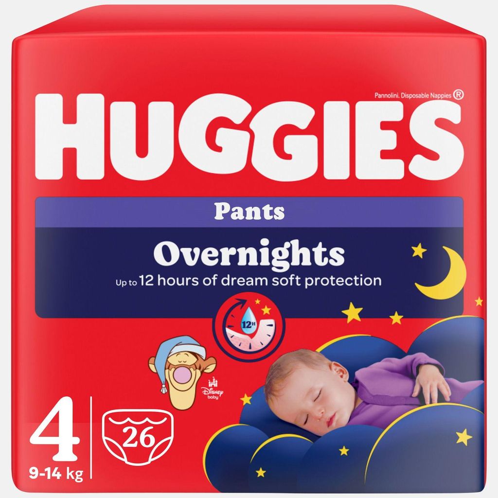 Packaging for Huggies Overnights Pants, size 4, showing a sleeping baby and cartoon characters.